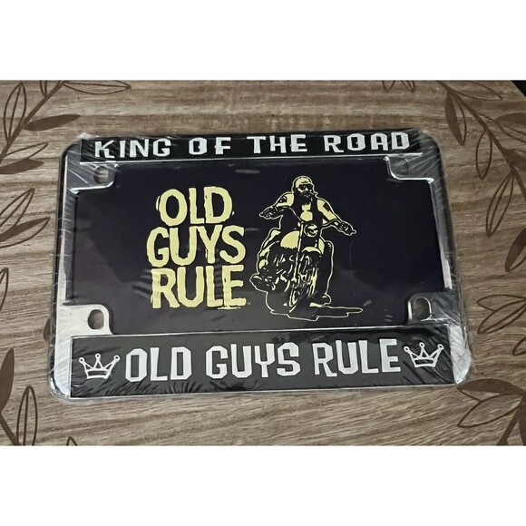 Old Guys Rule King of the Road Metal Motorcycle License Plate Frame Chrome 43272 - Picture 3 of 3